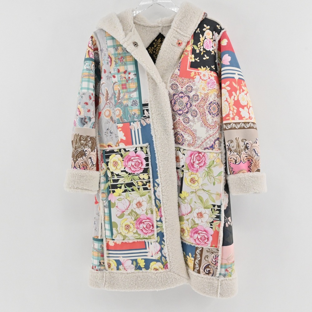 Biya Johnny Was Kerry Patchwork Hooded Coat Womens Size M Faux Suede Sherpa Boho